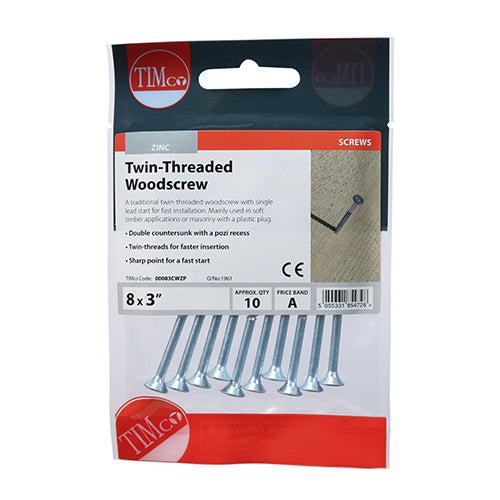 Twinthread Woodscrew PZ2 Countersunk - BZP - 8 x 3 - 10 pack