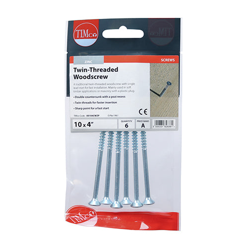 Twinthread Woodscrew PZ2 Countersunk - BZP - 10 x 4 - 6 pack
