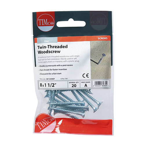 Twinthread Woodscrew PZ2 Countersunk - BZP - 8 x 1 1/2 - 20 pack