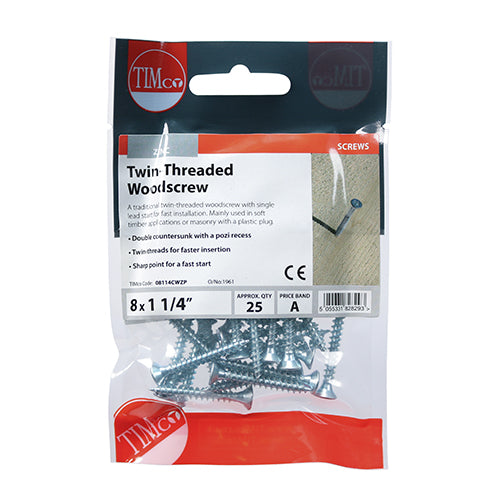 Twinthread Woodscrew PZ2 Countersunk - BZP - 8 x 1 1/4 - 25 pack