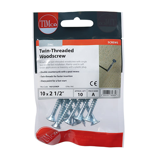 Twinthread Woodscrew PZ2 Countersunk - BZP - 10 x 2 1/2 - 10 pack
